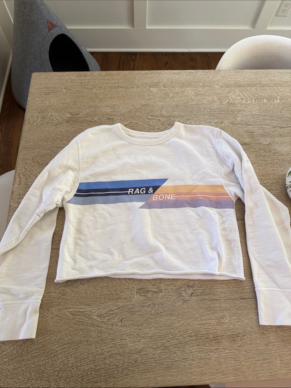 rag & bone White Cropped Long-Sleeve Tee with Blue and Peach Stripes